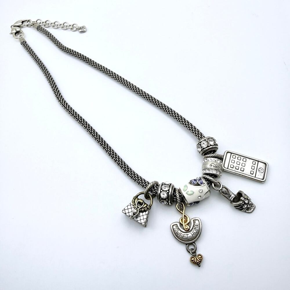 Vtg BRIGHTON Add A Bead Charms Shoe Phone Purse Home Mesh Mom Chain Necklace 18"